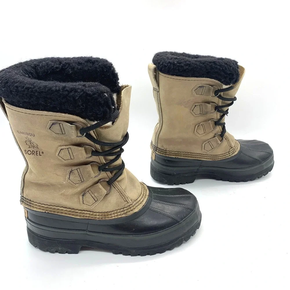 Sorel Womens Caribou Boots 7 Beige Buff Leather Rubber Wool Liner Vintage Canada